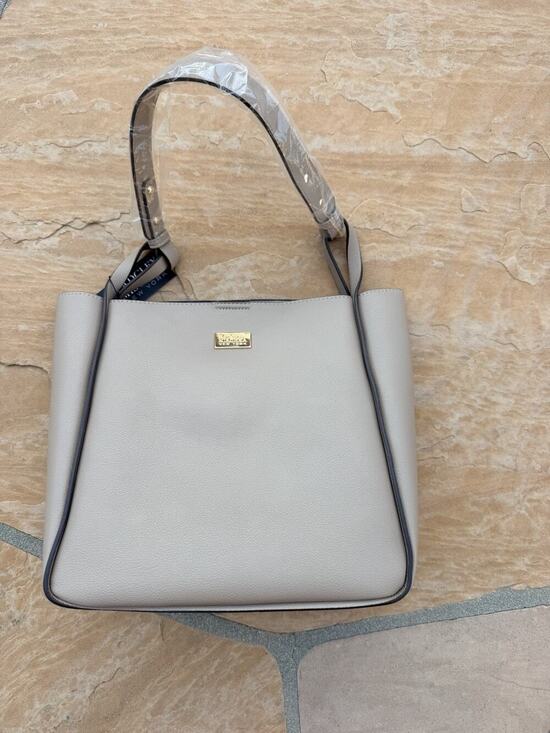 Badgley Mischka Handbags - Badgley Mischka New York Taupe Structured Tote Bag Large Faux Leather Handbag CC